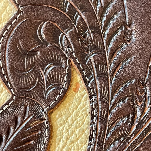 Leaders In Leather Scroll Cut Out Tooled Leather  Bag, Medium Size, Brown/Ivory - Picture 16 of 16